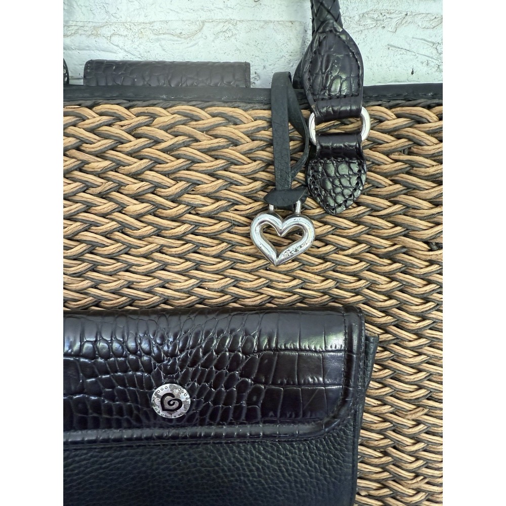 Vintage Brighton Straw & Leather Purse Tote Bag Woven Braided Straps-Tan Black - Picture 5 of 16
